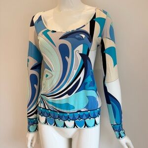 Emilio Pucci Blue Abstract Print Long-Sleeve Scoop Neck Top